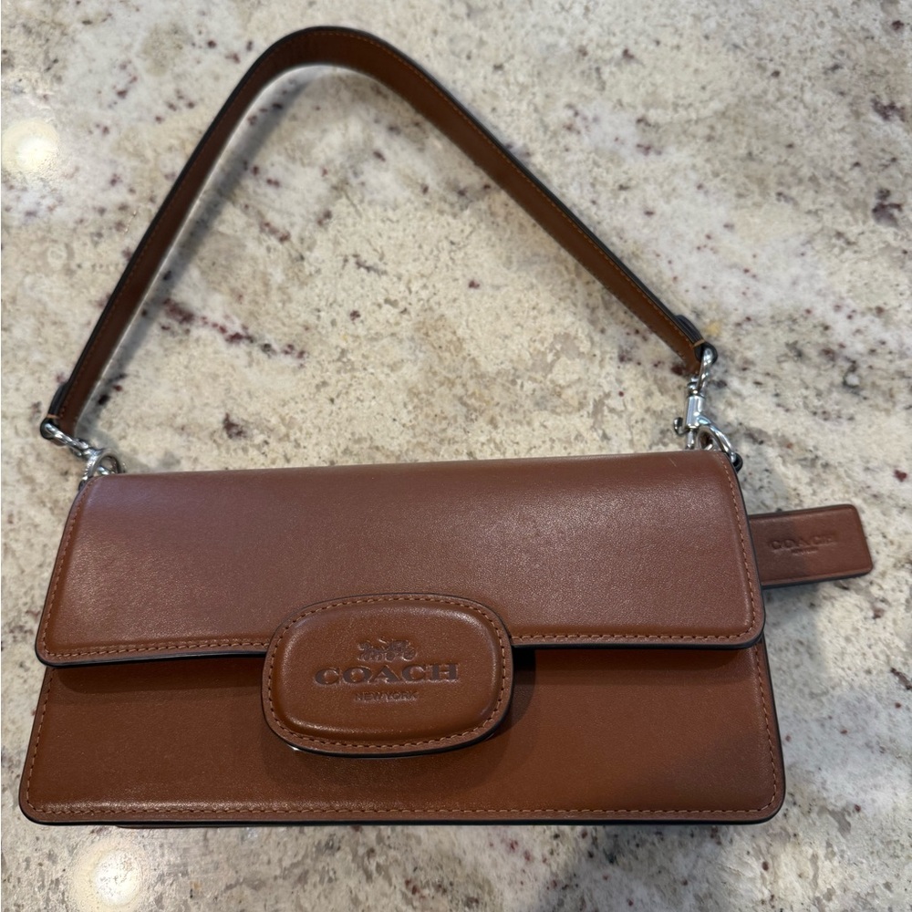 Coach Tan Brown Leather Shoulder Bag with Silver Hardware